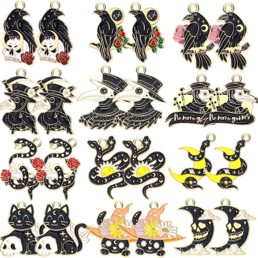 48 Pcs Halloween Charms for Jewelry Making Black Gothic Charms Include 12 Style